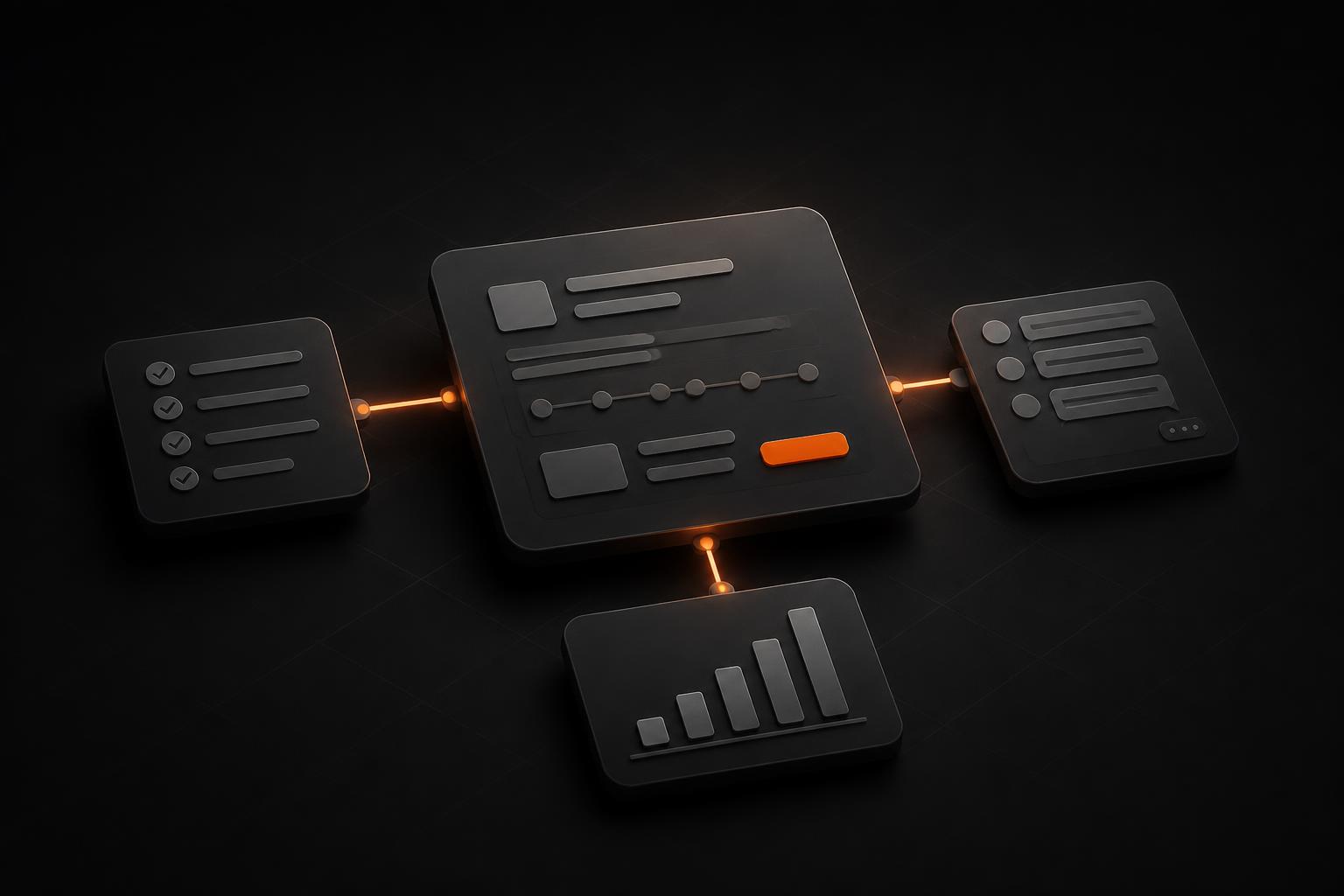 A central workflow hub connected to checklist, conversation, and progress panels
