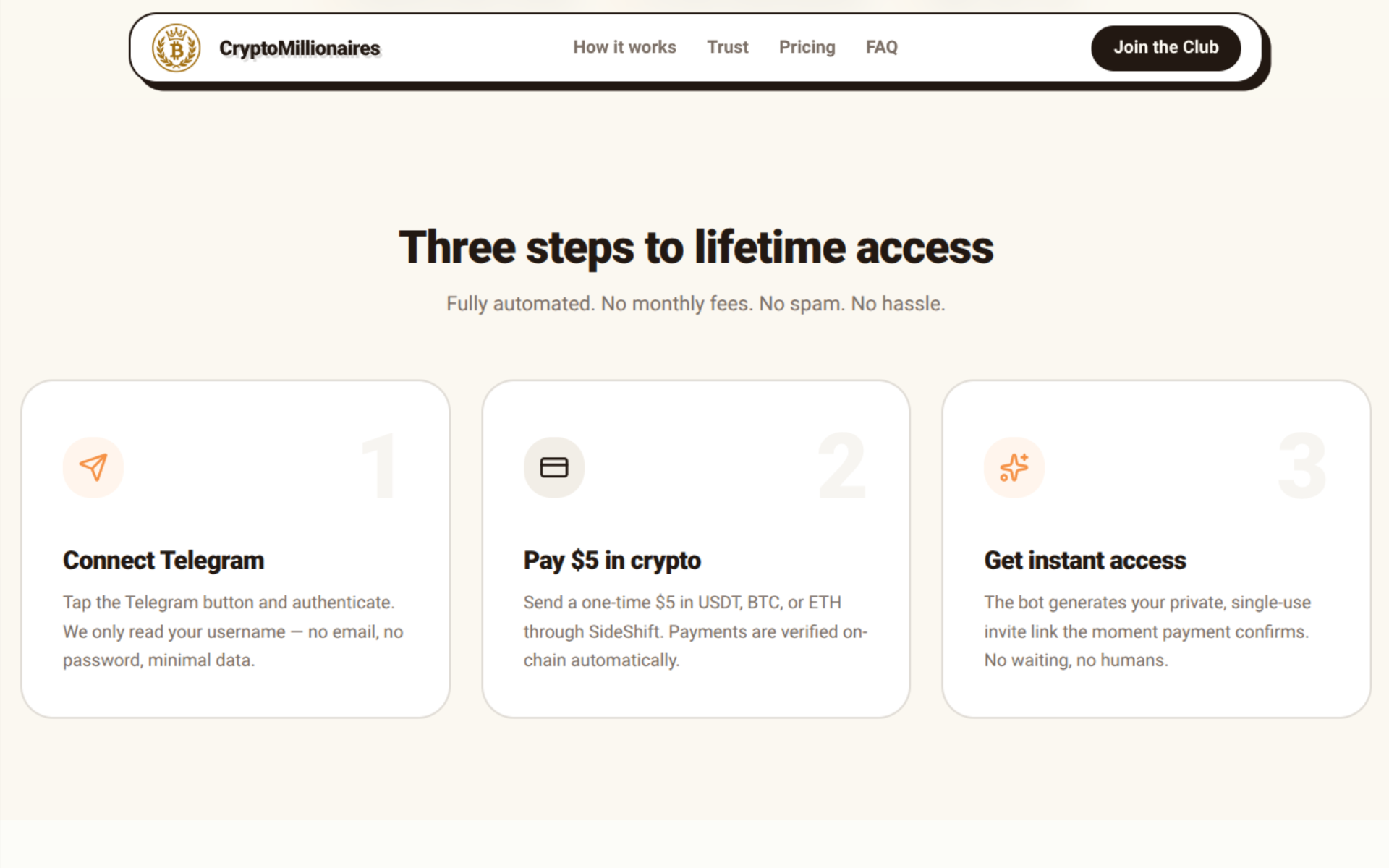 Cryptomillionaires Club — three steps to lifetime access