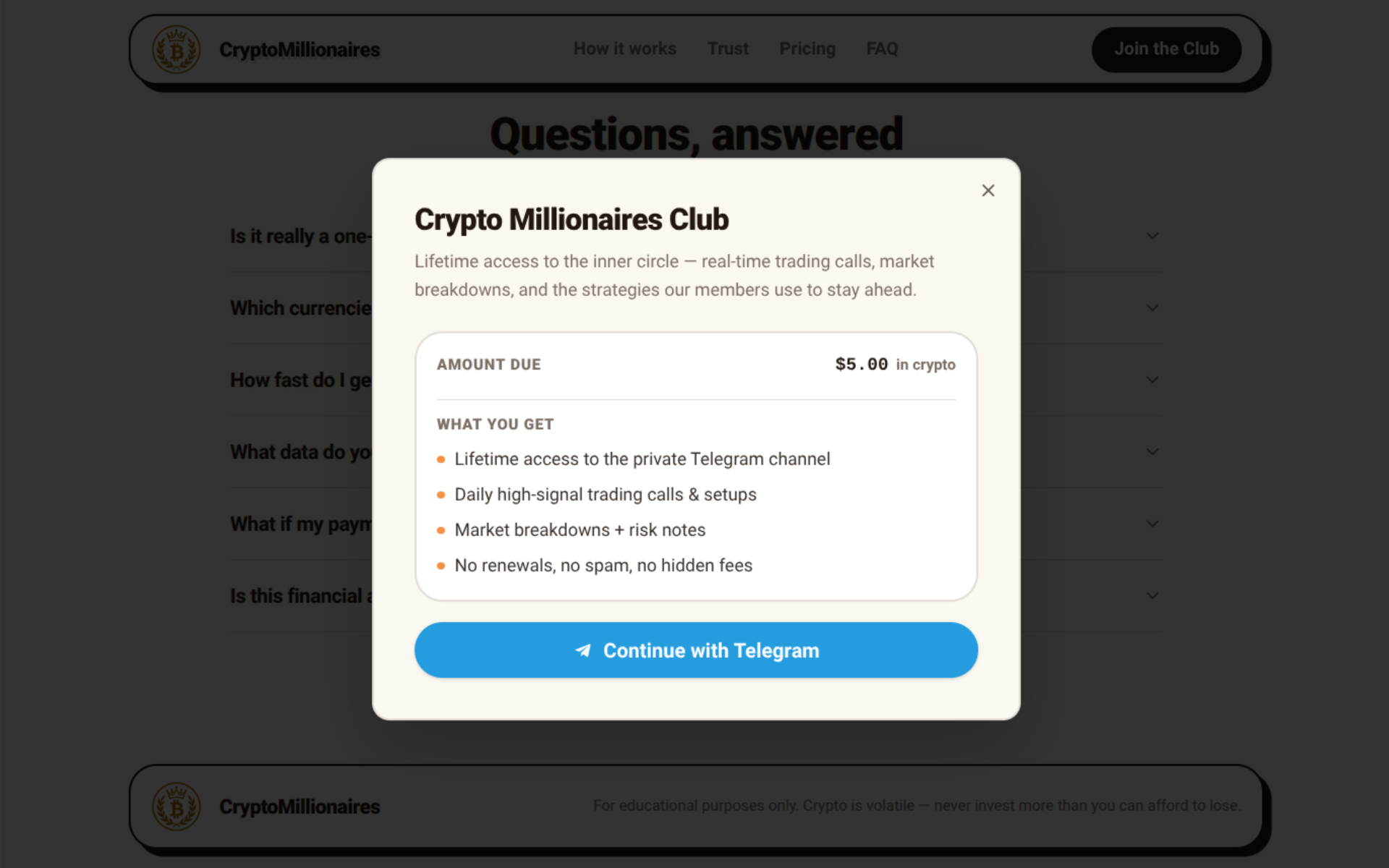 Cryptomillionaires Club — checkout modal