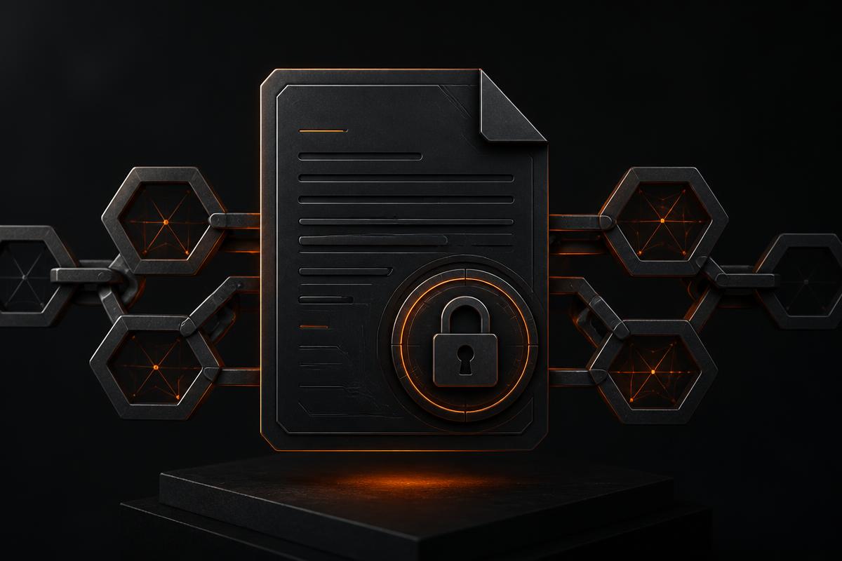 Isometric charcoal panel showing contract logic blocks beside a verified seal badge, with orange accents marking the checked rules